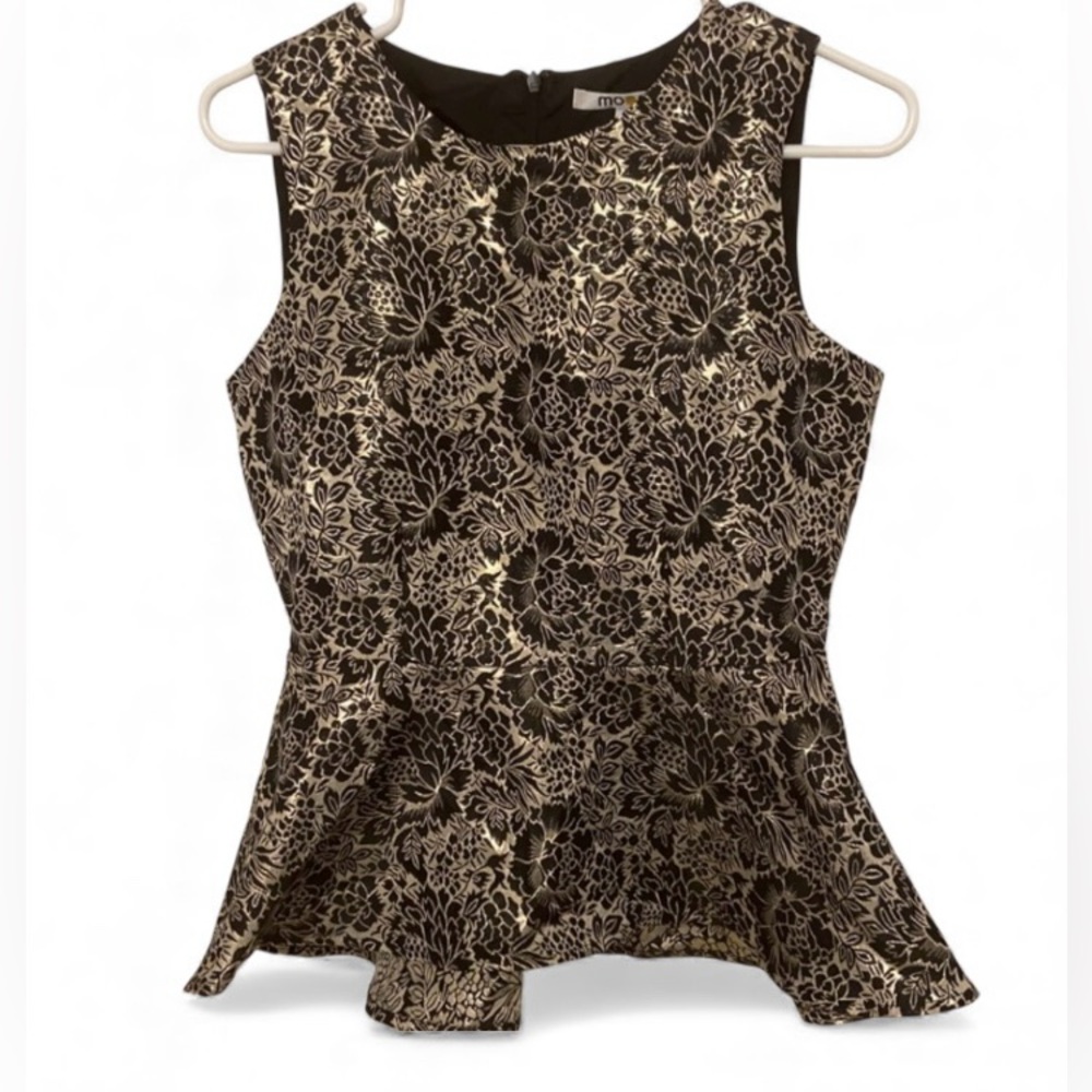 🧁MOON PEPLUM FLORAL   BLACK & CHAMPAGNE GOLD BROCADE TOP. NWT. Sz SMALL.